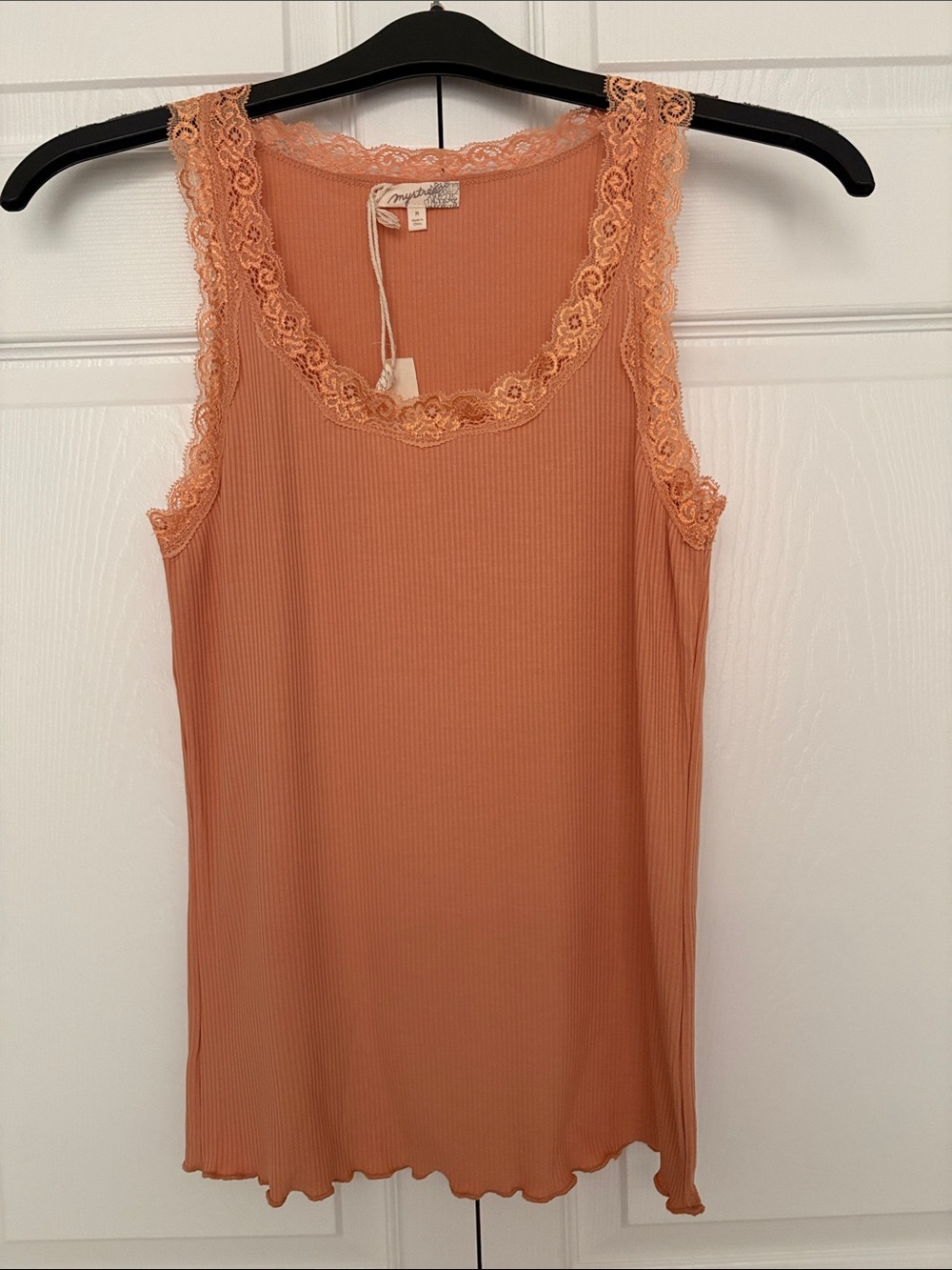 Mystree Lace-Trim Ribbed Tank in Peachy Coral